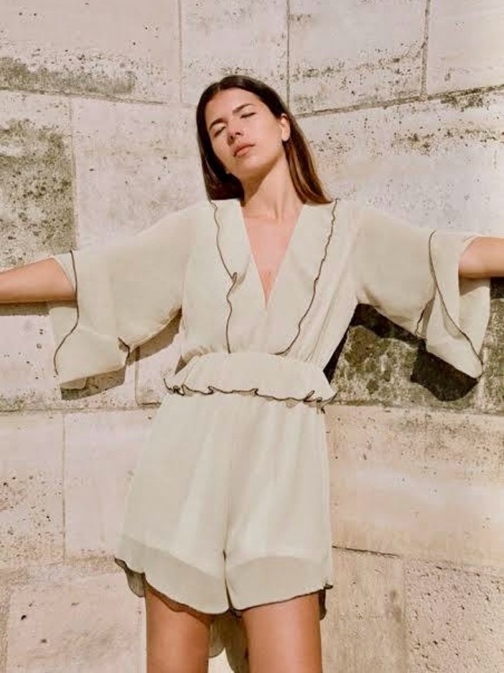 Zara Oyster White Ruffle V-Neck Romper with Black Piping Size XL